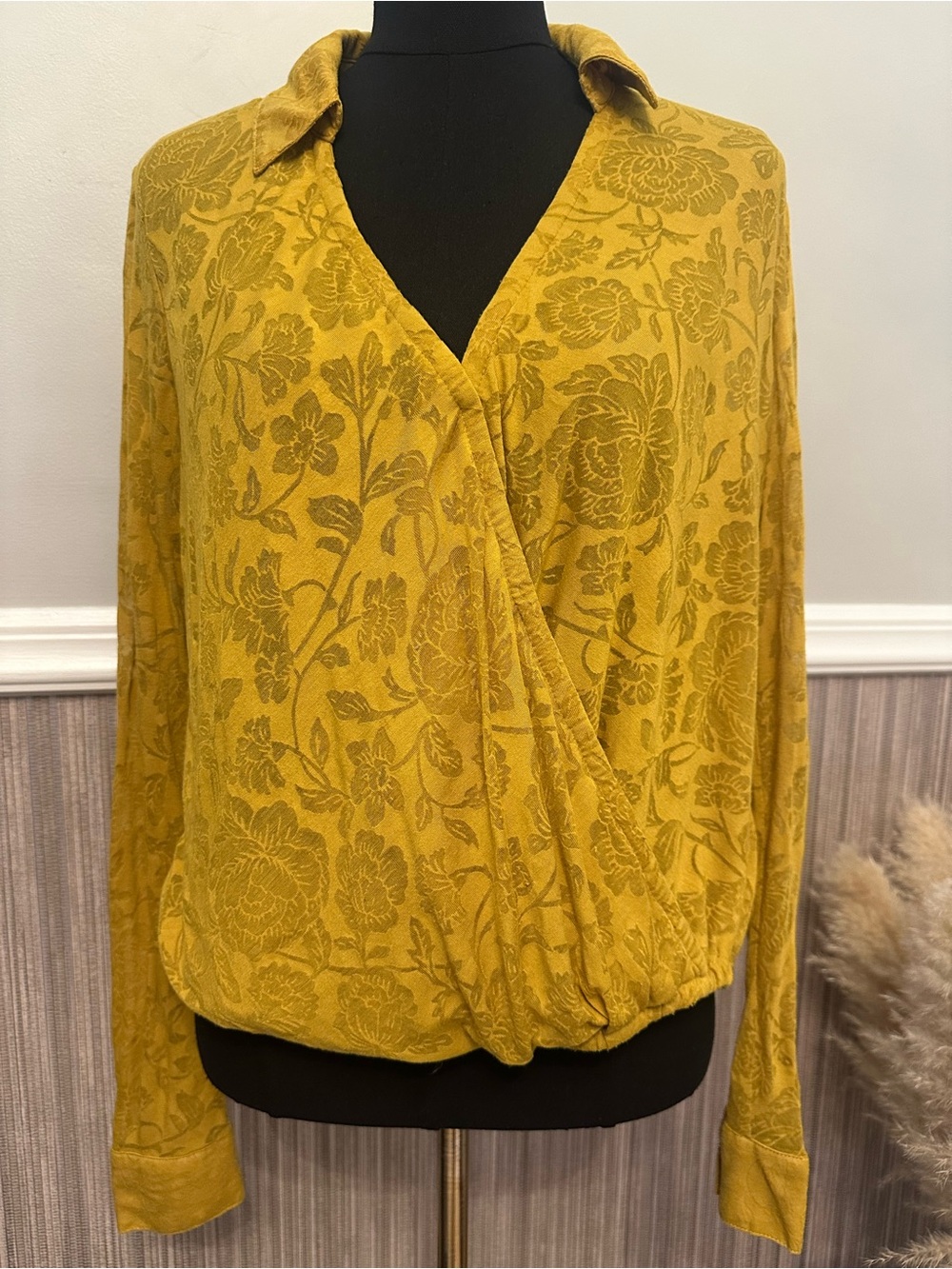 Maeve Anthropologie Medium Mustard Floral Burnout Faux Wrap Blouse Top
